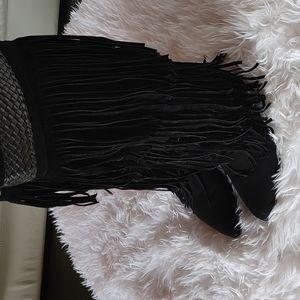 Faux Suede Black Boots with Fringe and Leather Trim and Back Zipper